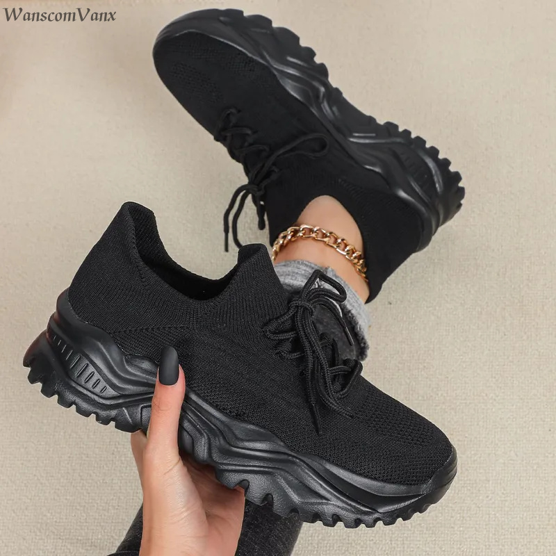 Fashion Chunky Platform Sneake - Knit Fabric Lace Up Sneakers review and price