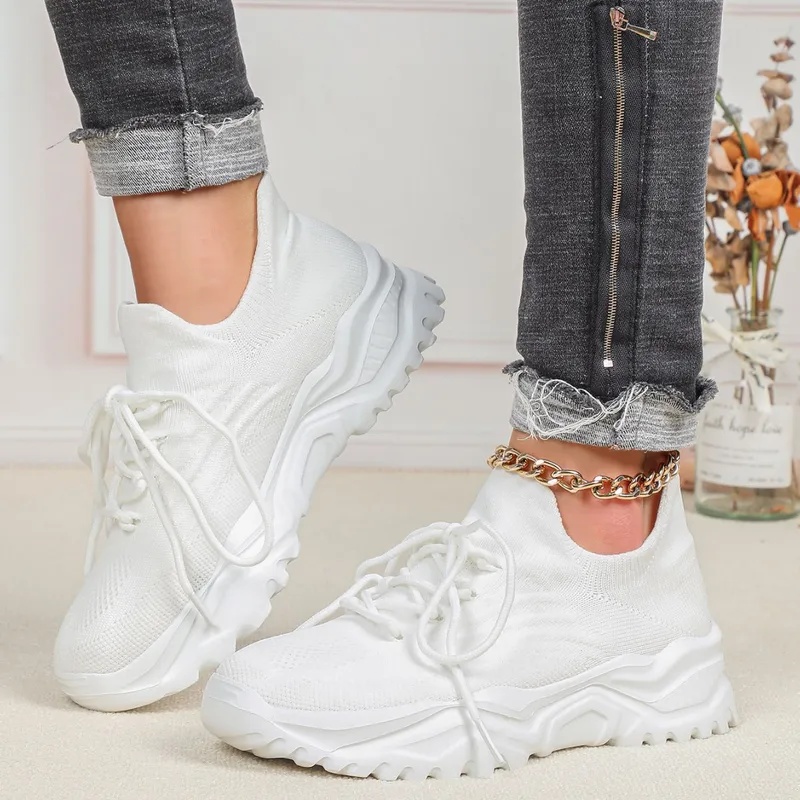 Fashion Chunky Platform Sneake - Knit Fabric Lace Up Sneakers review and price